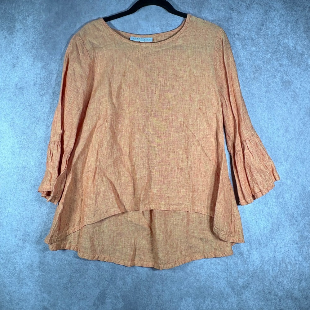 Bryn Walker Top Womens XS Orange Linen Bell Sleeve High Low Hem Blouse Boho